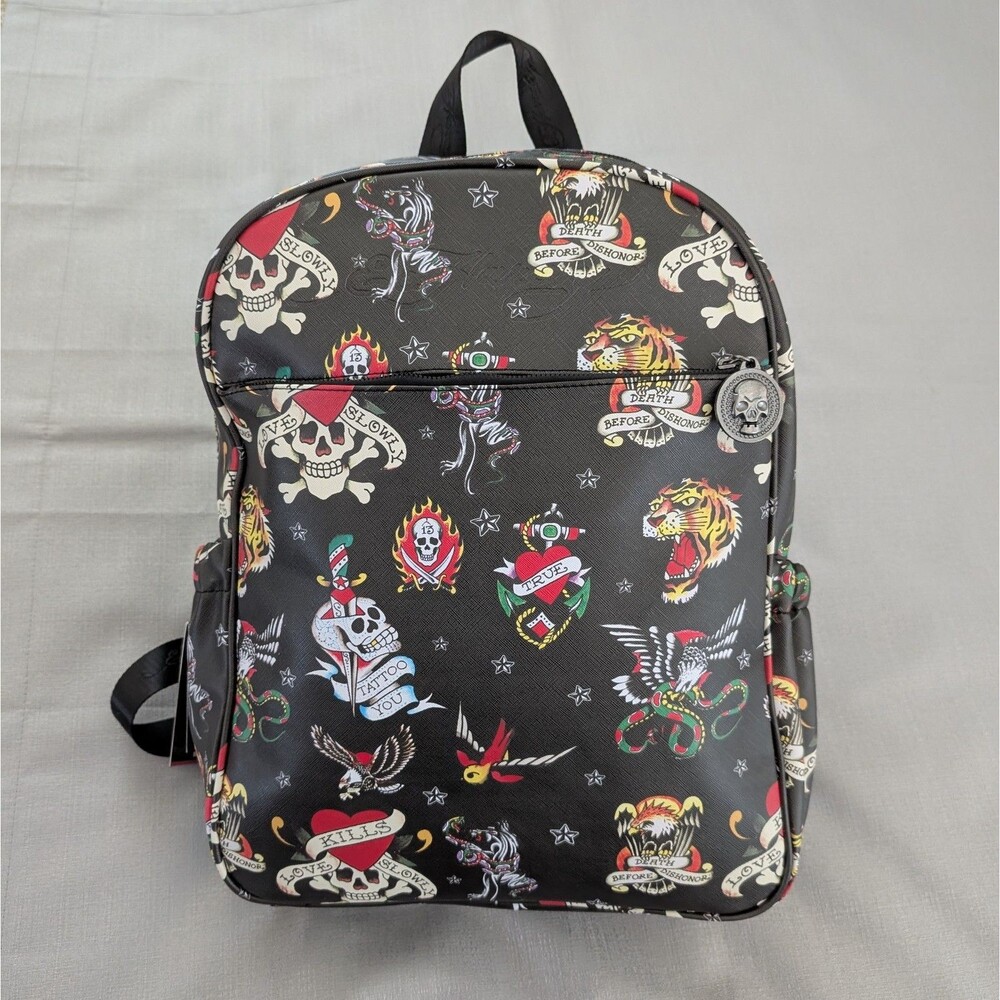 Ed Hardy All Over Tattoo Print Faux Leather Backpack NEW!
